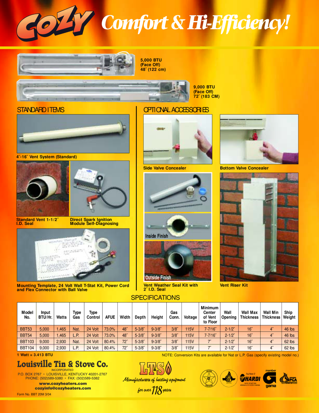 Louisville Tin and Stove 9000 BTU, 5000 BTU manual Standard Items, Optional Accessories 