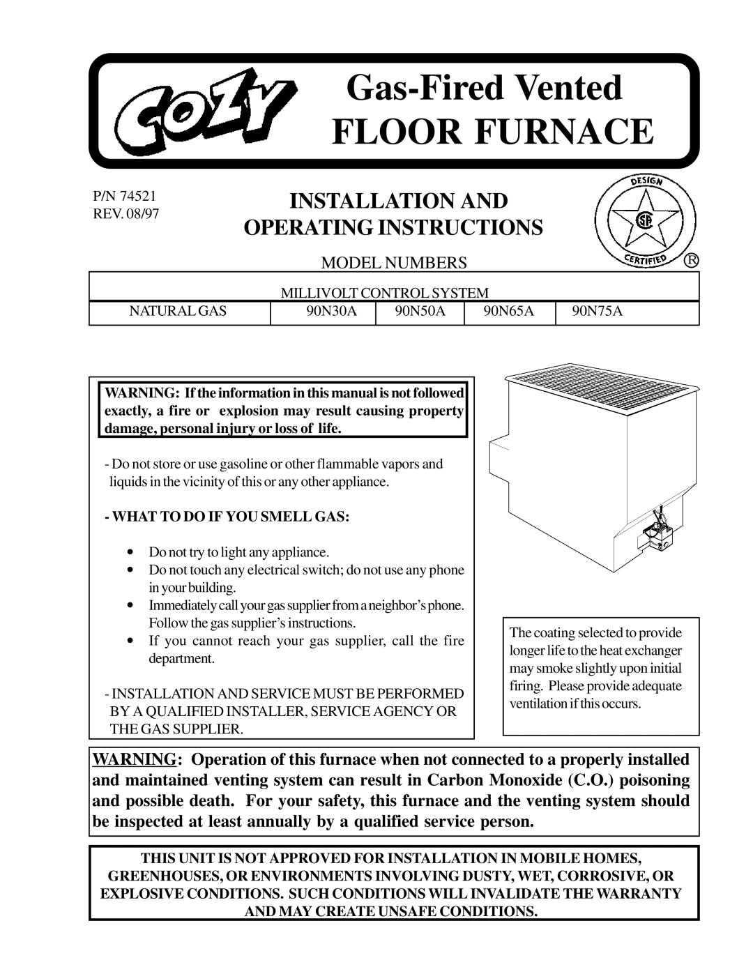 Louisville Tin and Stove 90N65A, 90N75A, 90N50A warranty Millivolt Control System Natural GAS, What to do if YOU Smell GAS 