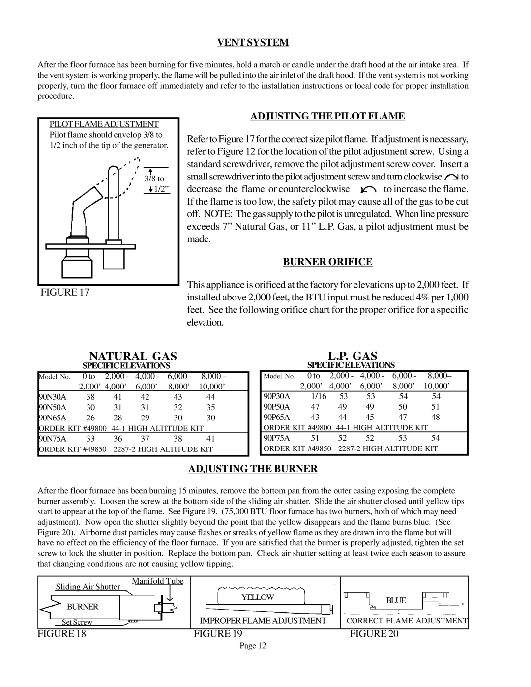 Louisville Tin and Stove 90N75A, 90N65A Vent System, Adjusting the Pilot Flame, Burner Orifice, Adjusting the Burner 