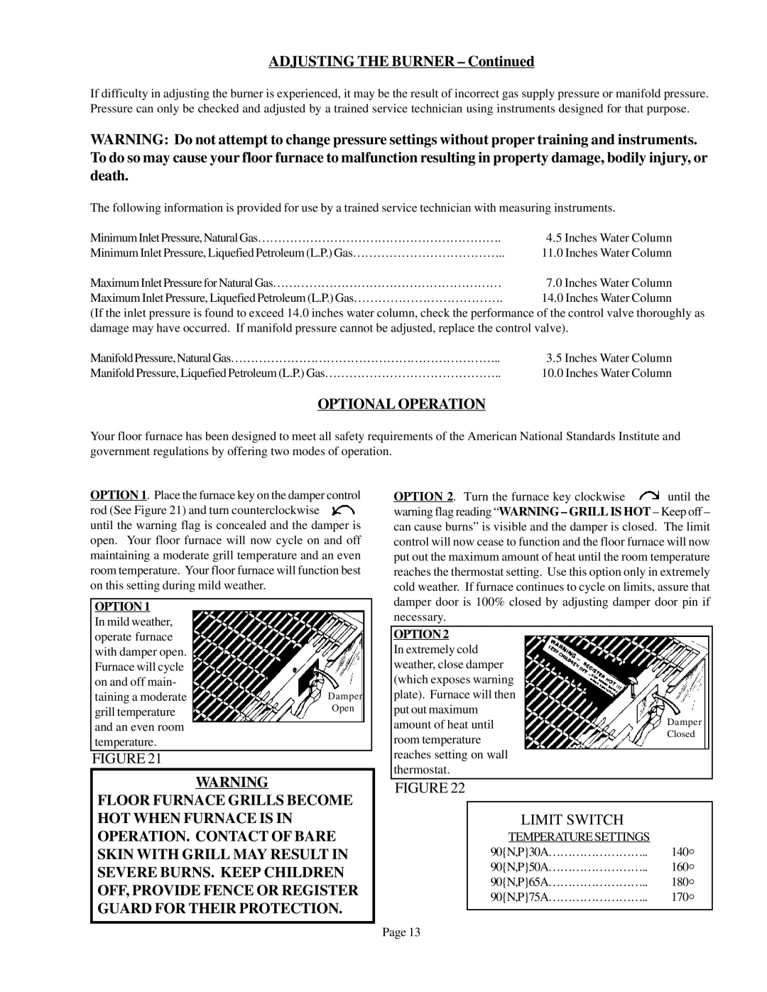 Louisville Tin and Stove 90N65A, 90N75A, 90N50A, 90N30A warranty Optional Operation, Limit Switch 