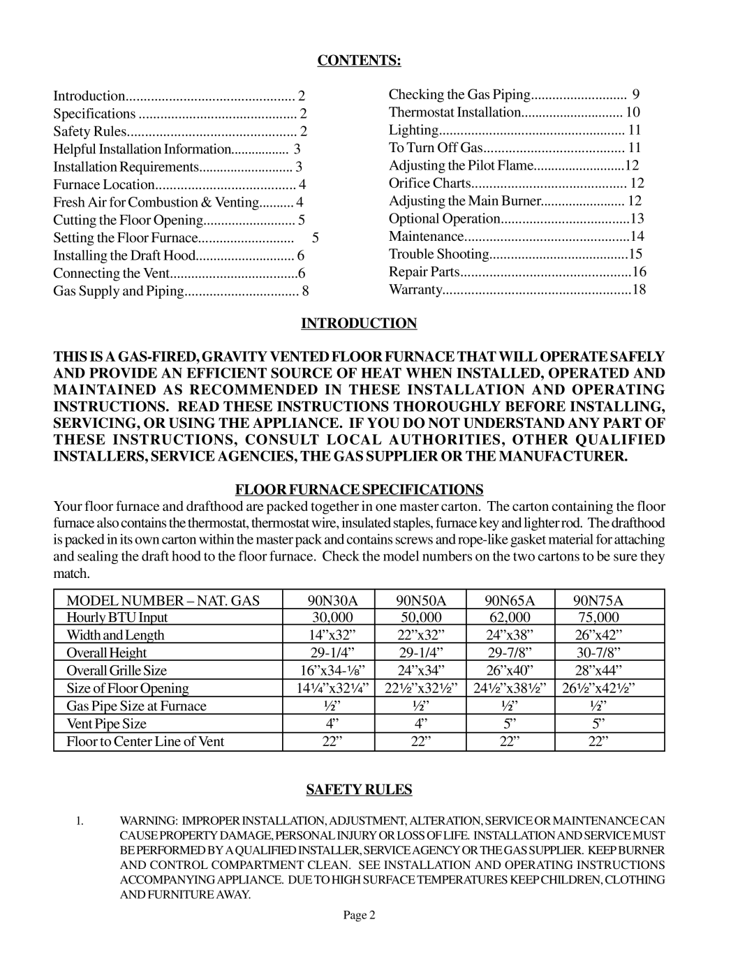 Louisville Tin and Stove 90N50A, 90N75A, 90N65A, 90N30A Contents, Introduction, Floor Furnace Specifications, Safety Rules 