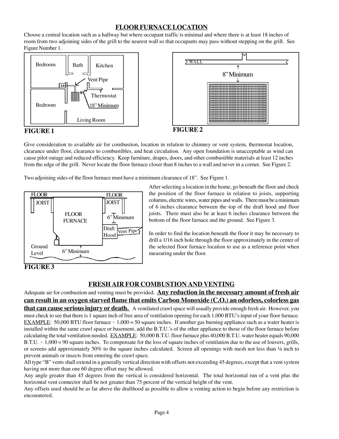 Louisville Tin and Stove 90N75A, 90N65A, 90N50A, 90N30A warranty Floor Furnace Location, Fresh AIR for Combustion and Venting 