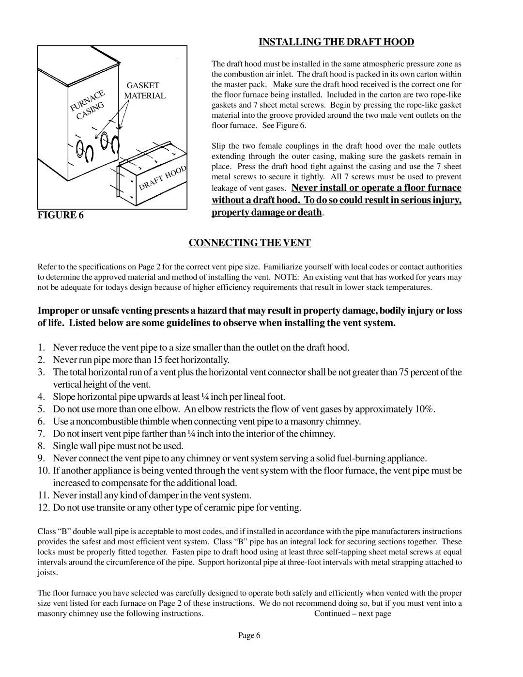 Louisville Tin and Stove 90N50A, 90N75A, 90N65A, 90N30A warranty Installing the Draft Hood, Connecting the Vent 