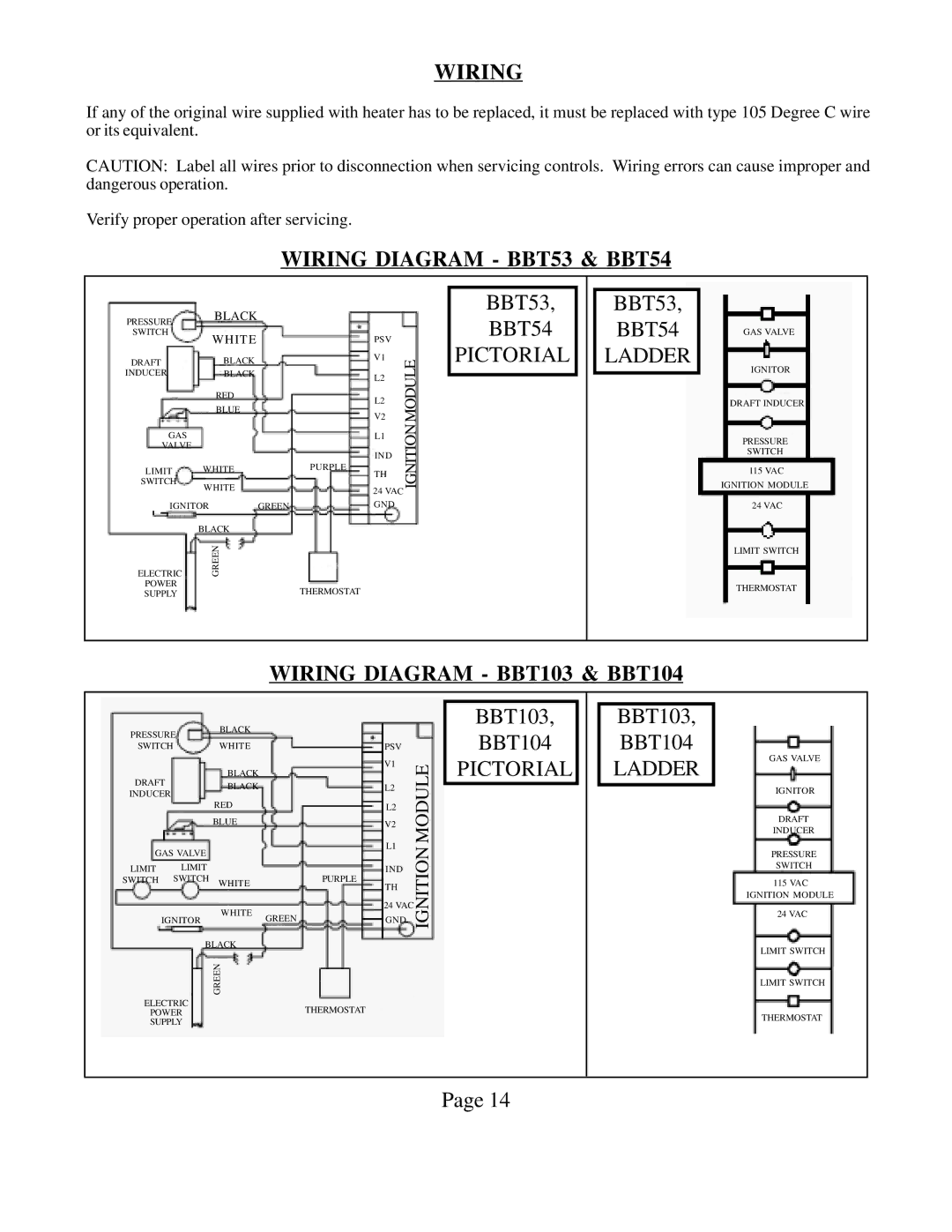 Louisville Tin and Stove warranty Wiring Diagram BBT53 & BBT54, Wiring Diagram BBT103 & BBT104 