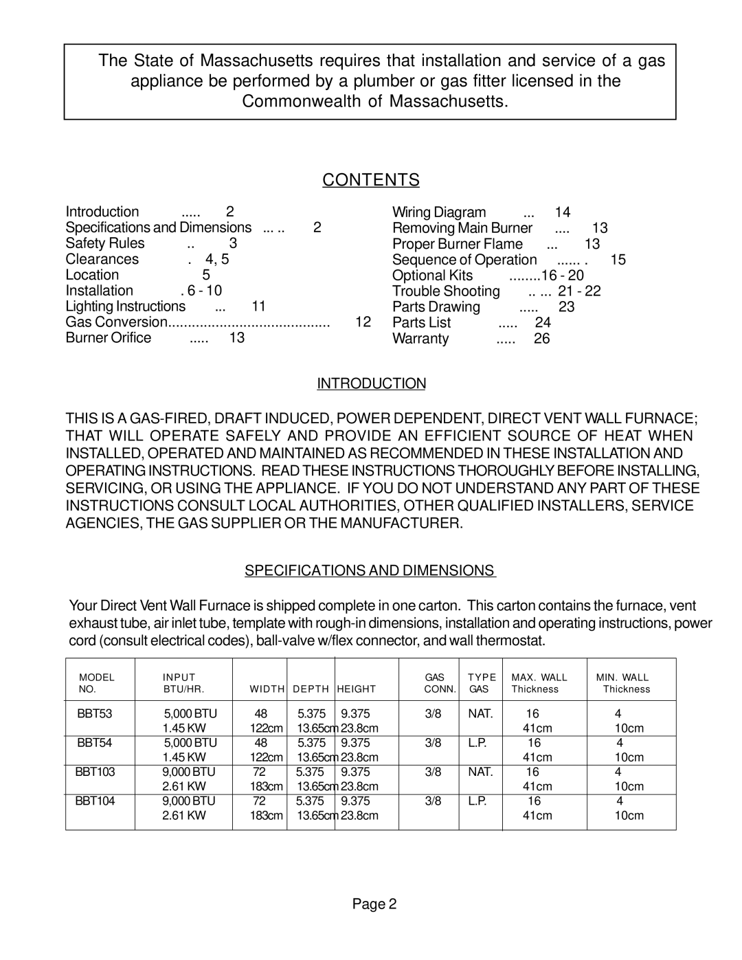 Louisville Tin and Stove BBT104, BBT53, BBT103, BBT54 warranty Contents 