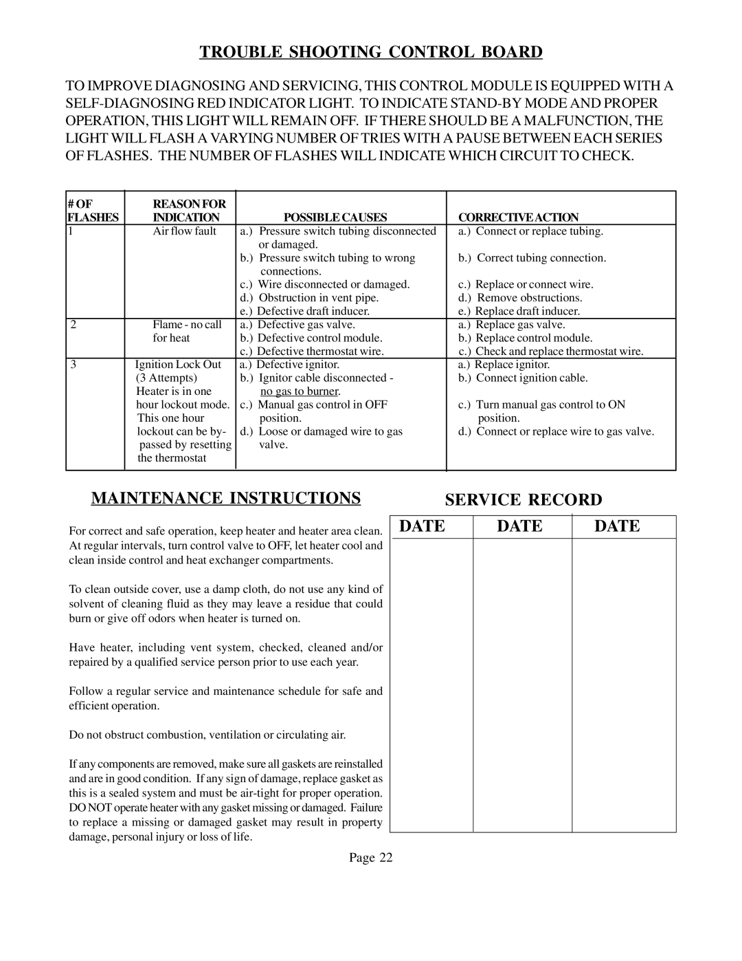 Louisville Tin and Stove BBT104, BBT53, BBT54 Trouble Shooting Control Board, Maintenance Instructions, Service Record Date 