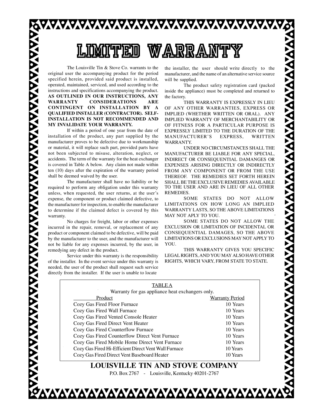 Louisville Tin and Stove BBT104, BBT53, BBT103, BBT54 warranty Limited Warranty, Louisville TIN and Stove Company 