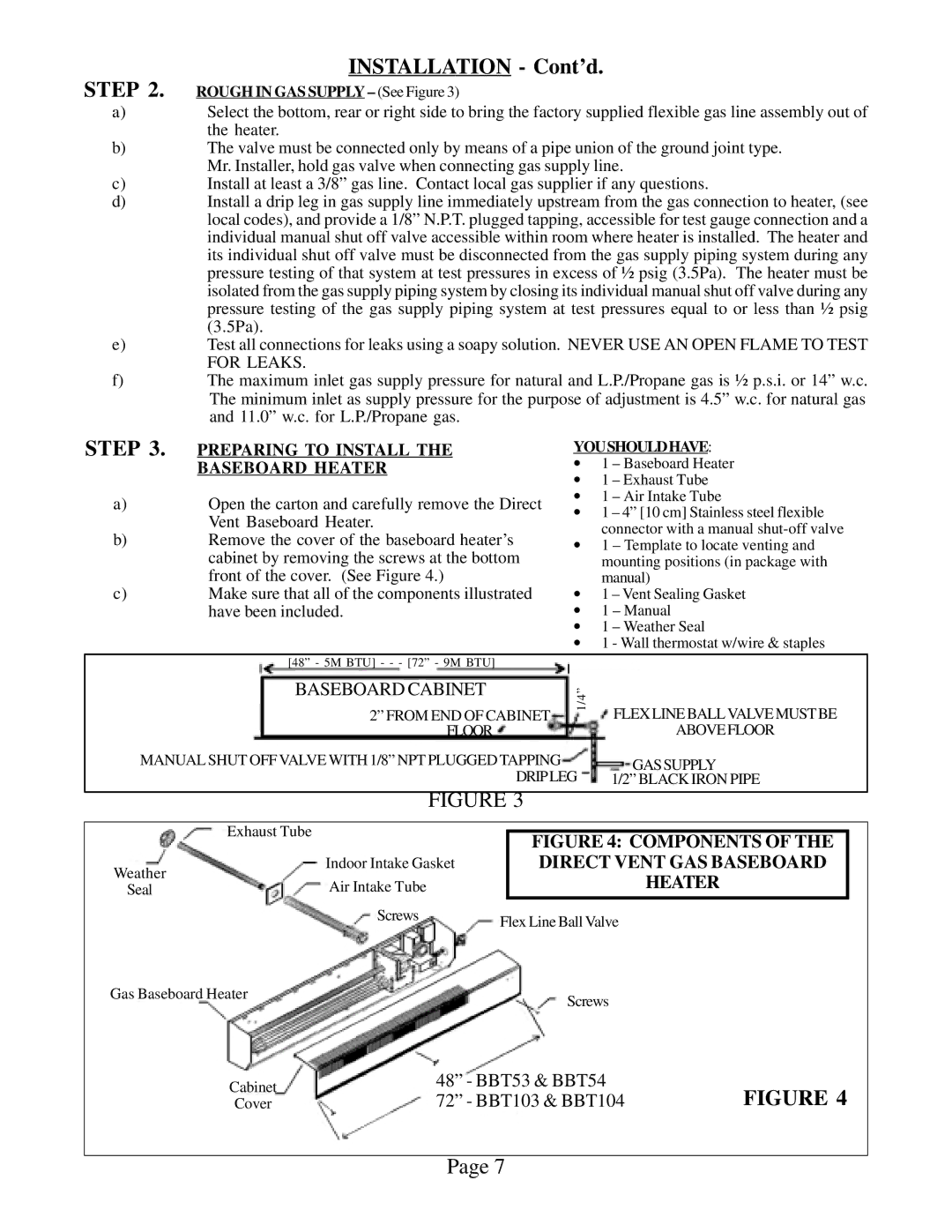 Louisville Tin and Stove BBT54, BBT53, BBT103, BBT104 warranty Components, Direct Vent GAS Baseboard 