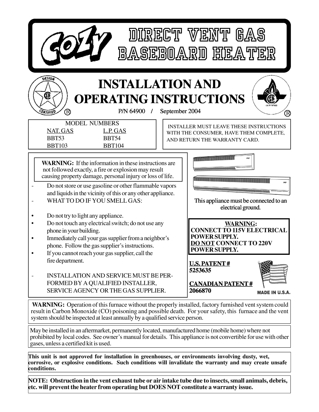 Louisville Tin and Stove BBT103, BBT53 warranty Installation And Operating Instructions, Direct Vent Gas Baseboard Heater 
