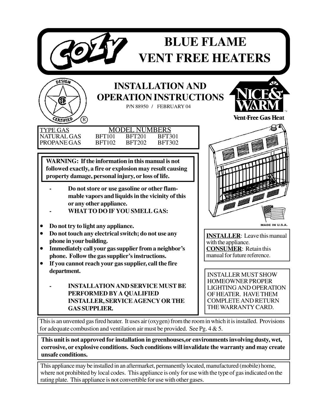 Louisville Tin and Stove BFT301, BFT201, BFT102, BFT202 warranty Blue Flame Vent Free Heaters, What to do if YOU Smell GAS 