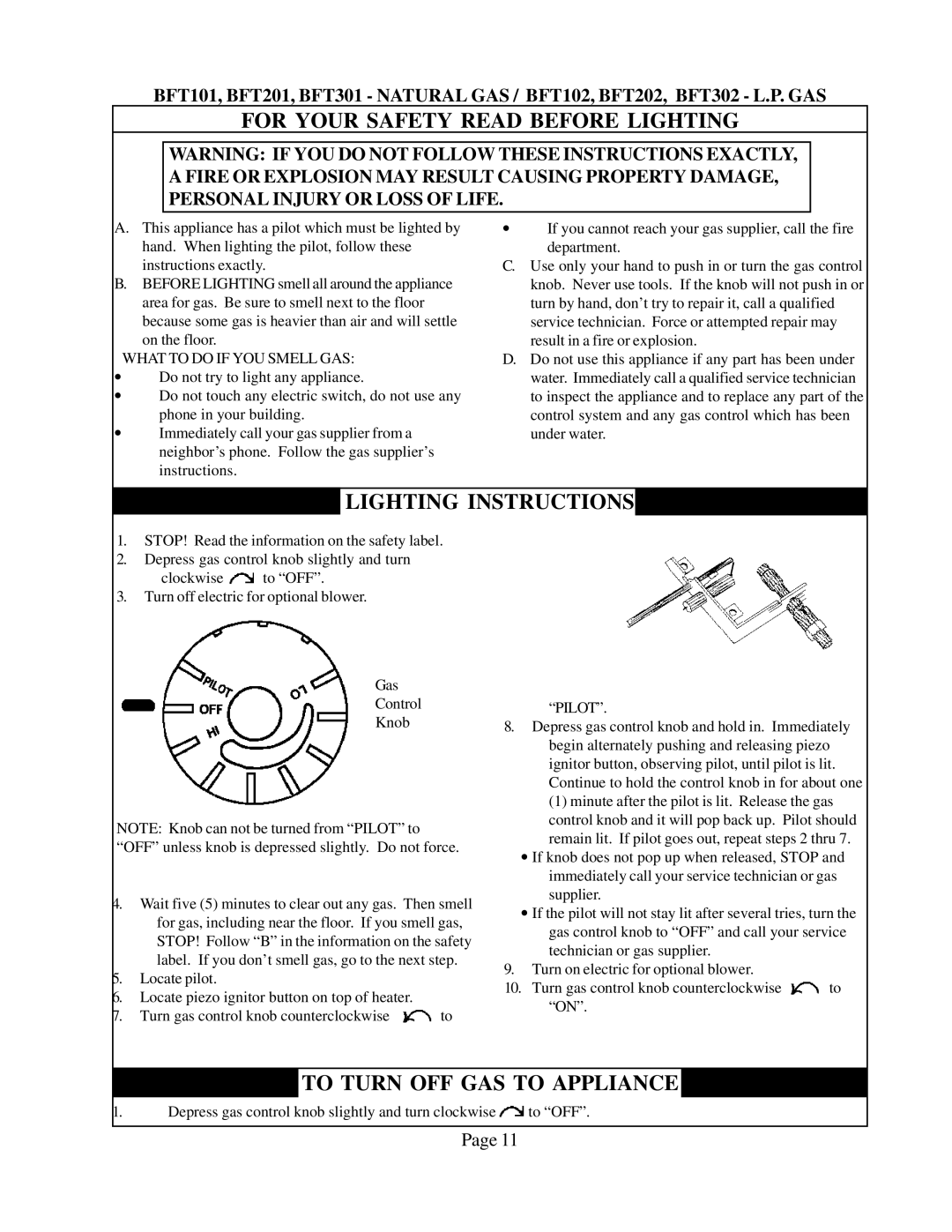 Louisville Tin and Stove BFT302, BFT201, BFT301, BFT102, BFT202, BFT101 warranty For Your Safety Read Before Lighting 