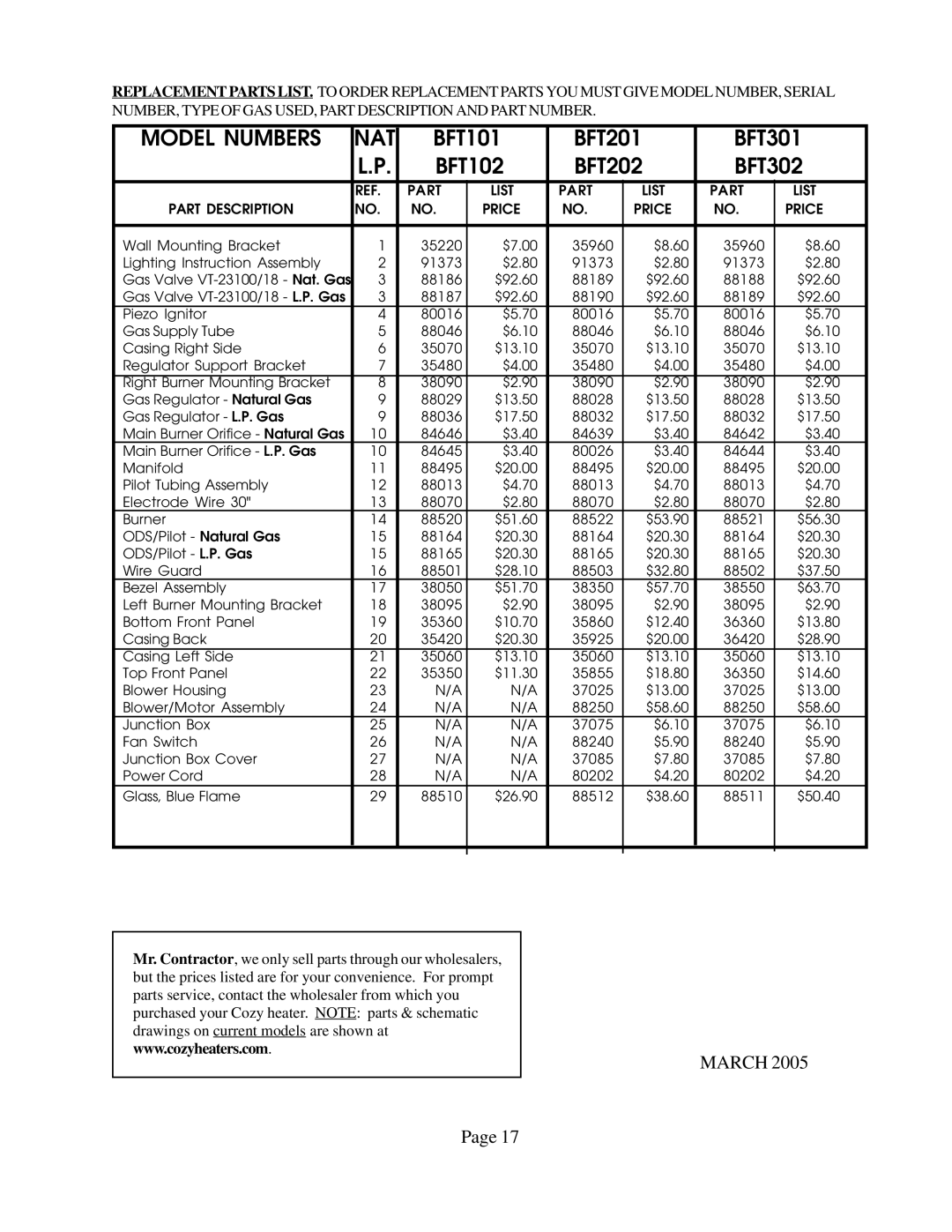 Louisville Tin and Stove BFT302, BFT201, BFT301, BFT102, BFT202, BFT101 warranty Model Numbers NAT 