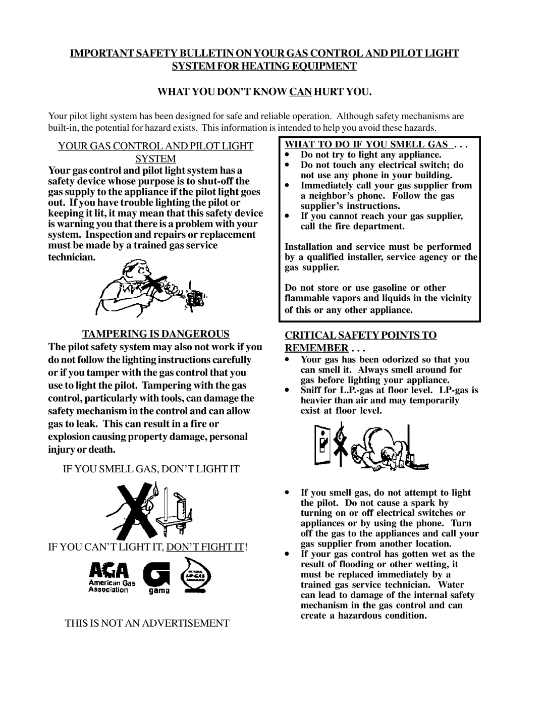 Louisville Tin and Stove BFT201, BFT301, BFT102, BFT202, BFT101 Tampering is Dangerous, Critical Safety Points to Remember 