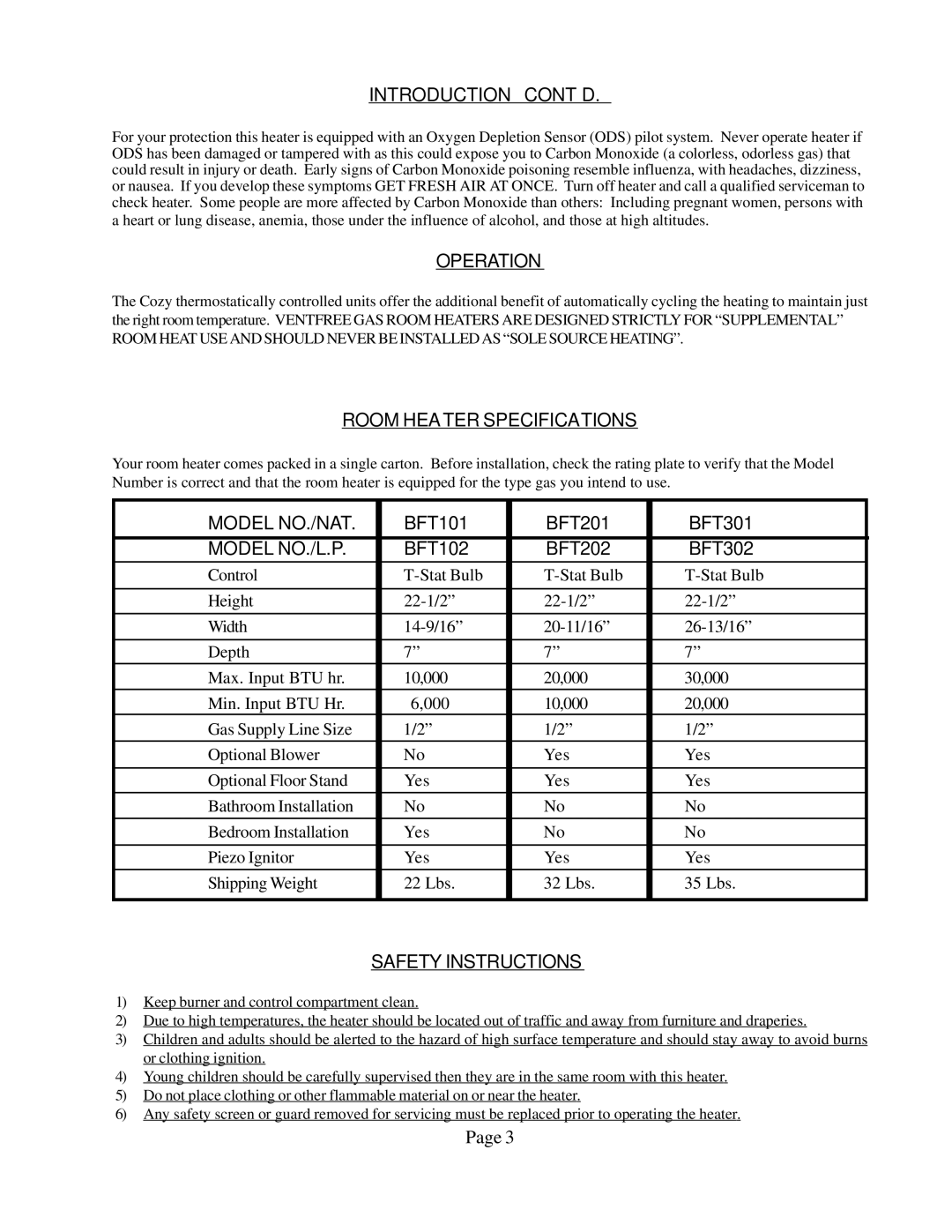 Louisville Tin and Stove BFT202 Introduction CONT’D, Operation, Room Heater Specifications, Model NO./NAT, Model NO./L.P 