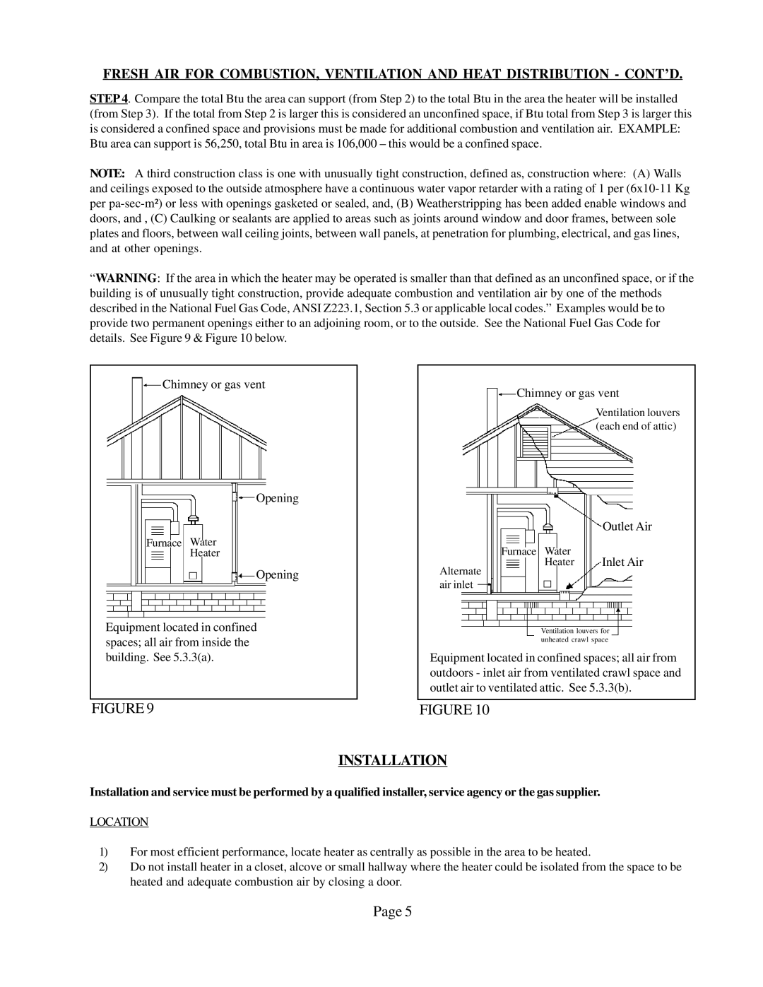 Louisville Tin and Stove BFT302, BFT201, BFT301, BFT102, BFT202, BFT101 warranty Installation, Location 