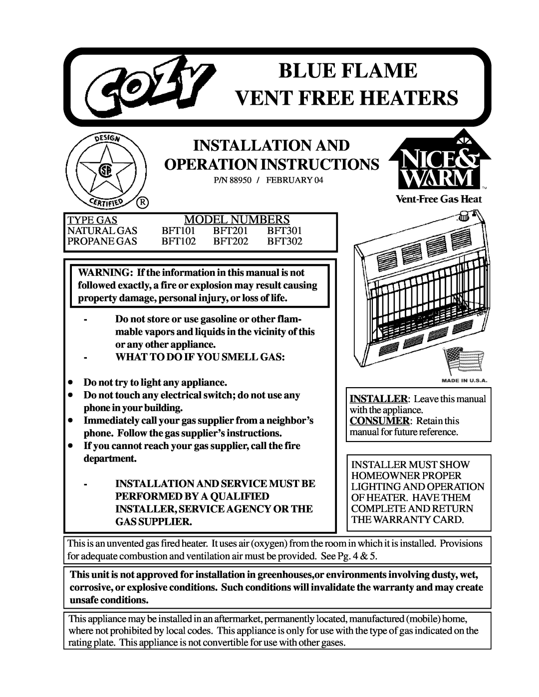 Louisville Tin and Stove BFT301, BFT201, BFT102, BFT202 warranty Installation And Operation Instructions, Model Numbers 