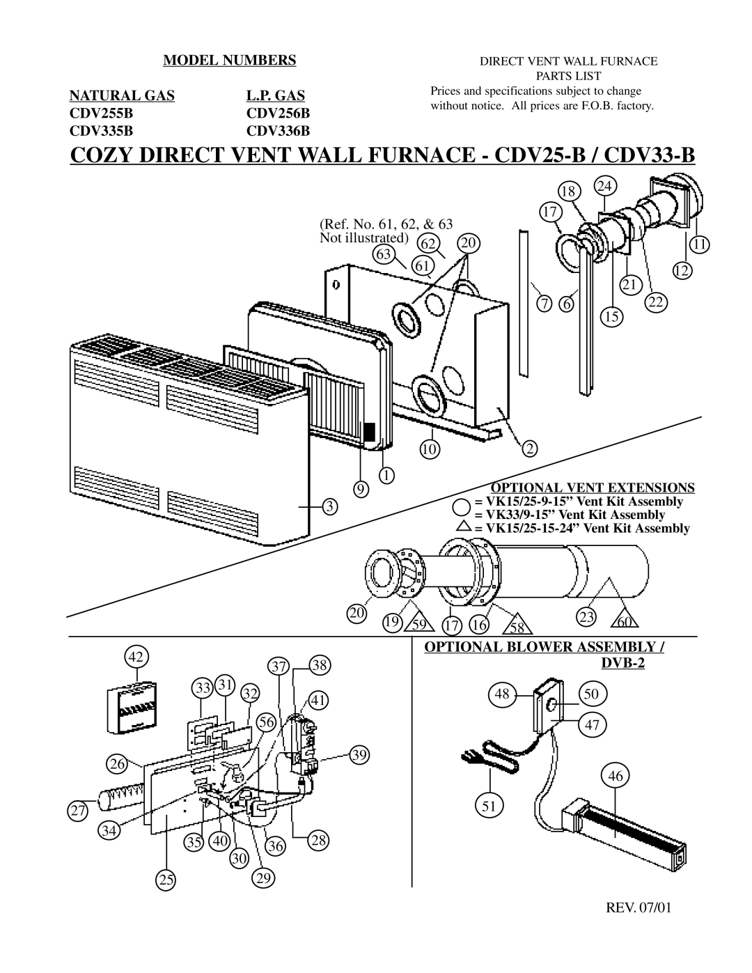 Louisville Tin and Stove CDV256B specifications Cozy Direct Vent Wall Furnace CDV25-B / CDV33-B, Optional Blower Assembly 