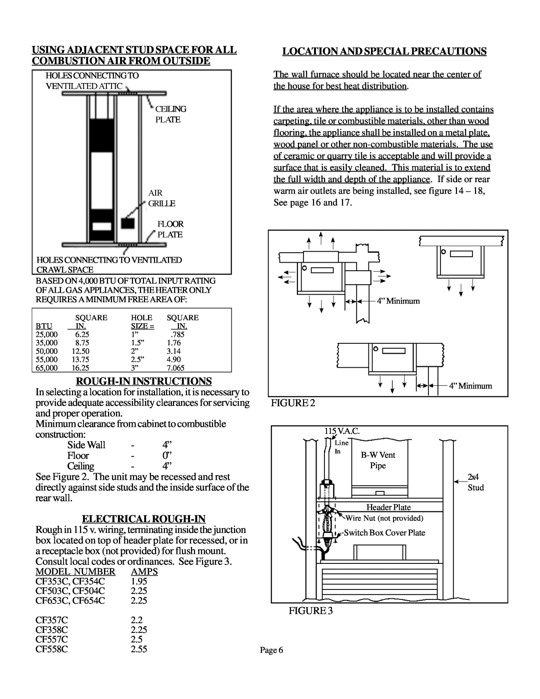 Louisville Tin and Stove CF354C-H, CF504C-H Rough-Ininstructions, Electrical Rough-In, Location And Special Precautions 