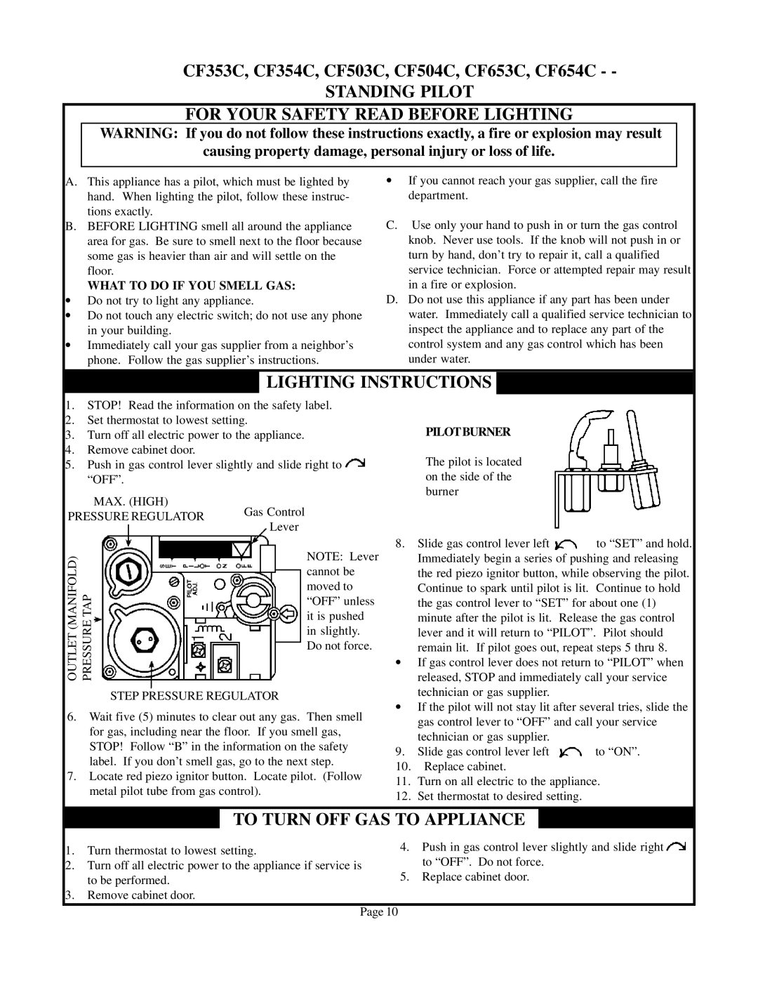 Louisville Tin and Stove CF504R Standing Pilot For Your Safety Read Before Lighting, Lighting Instructions, Pilotburner 