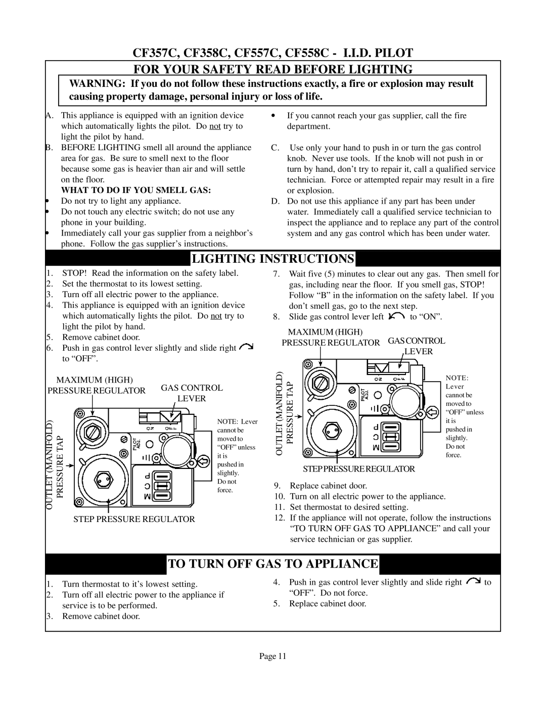 Louisville Tin and Stove CF354C-R, CF654C-R, CF504R operating instructions Maximum High GAS Control Pressure Regulator Lever 