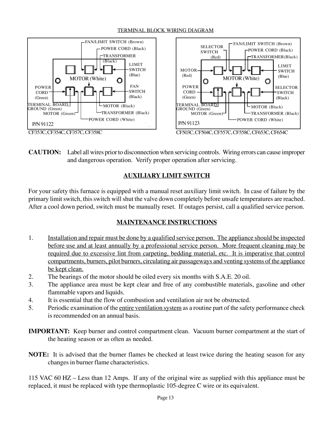 Louisville Tin and Stove CF504R, CF654C-R Auxiliary Limit Switch, Maintenance Instructions, Terminal Block Wiring Diagram 