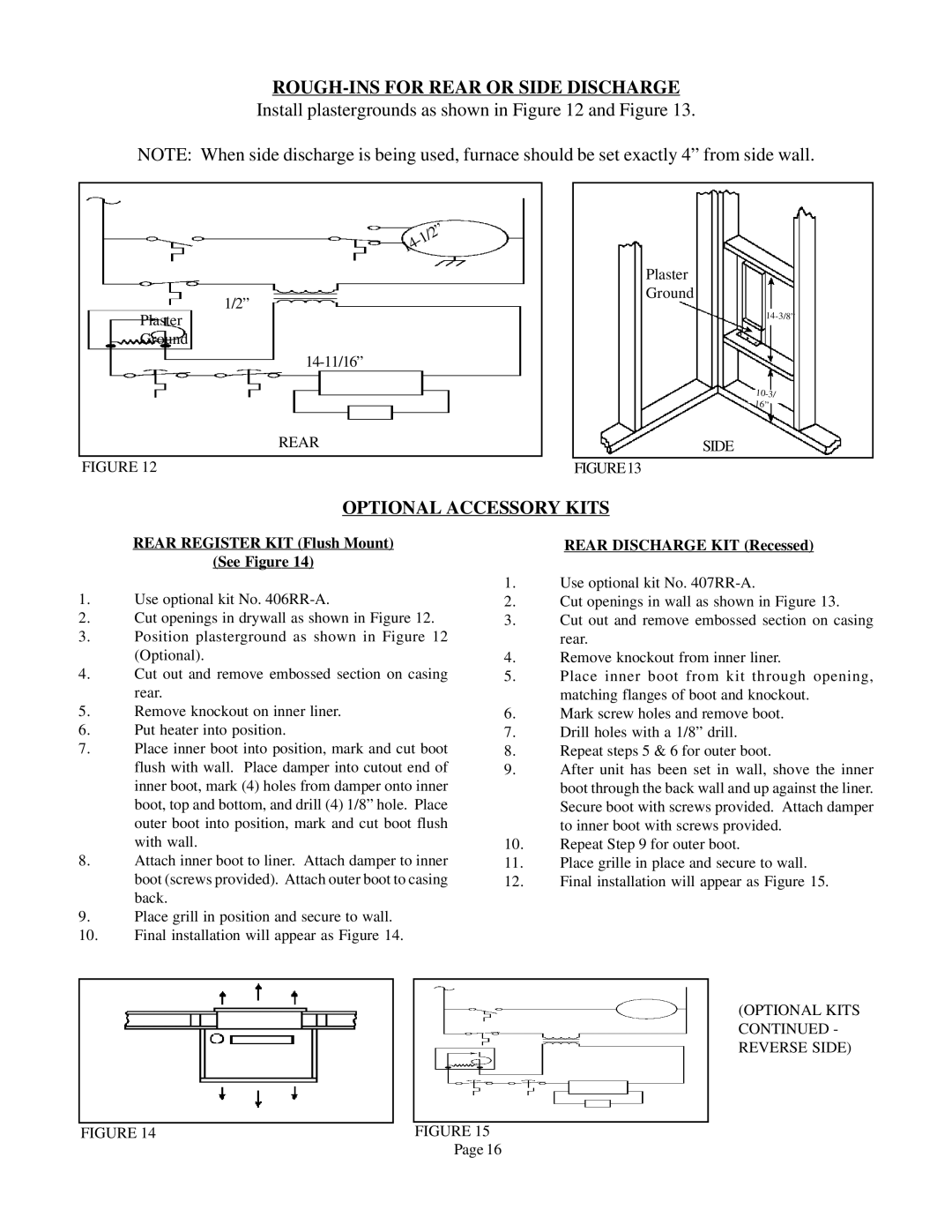 Louisville Tin and Stove CF504R ROUGH-INS for Rear or Side Discharge, Optional Accessory Kits, Optional Kits Reverse Side 