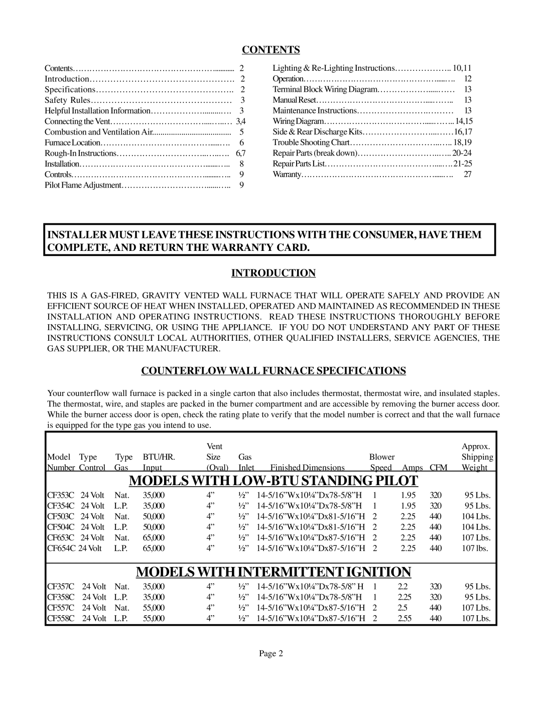 Louisville Tin and Stove CF354C-R, CF654C-R, CF504R operating instructions Contents, Counterflow Wall Furnace Specifications 