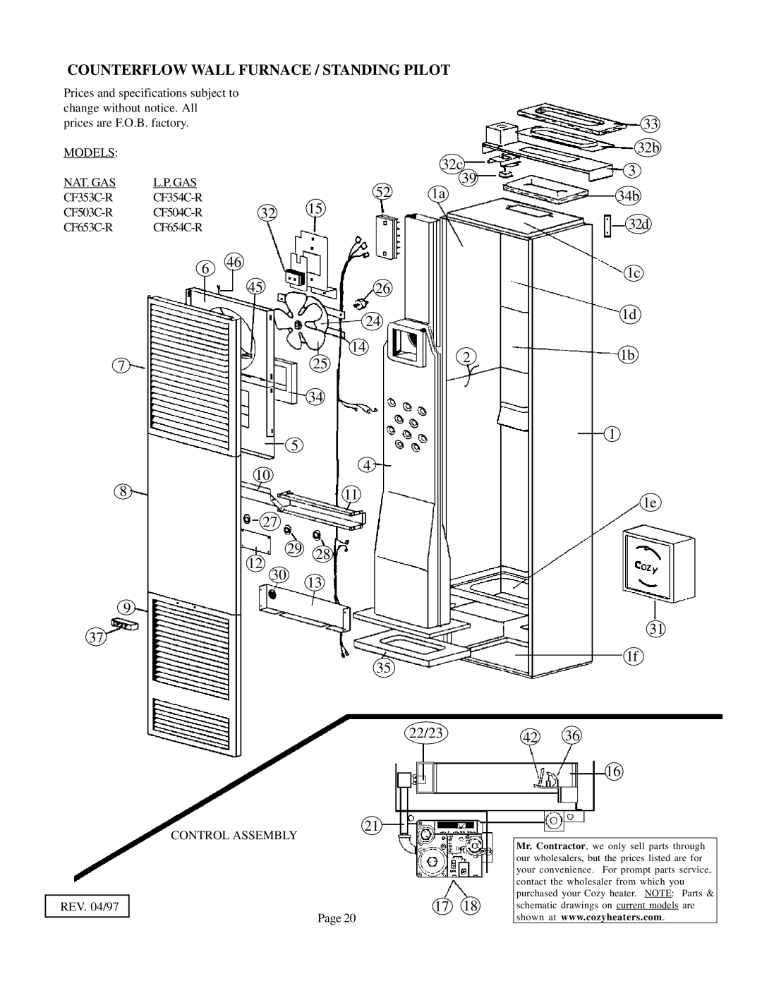 Louisville Tin and Stove CF354C-R, CF654C-R Counterflow Wall Furnace / Standing Pilot, Models NAT. GAS, Control Assembly 