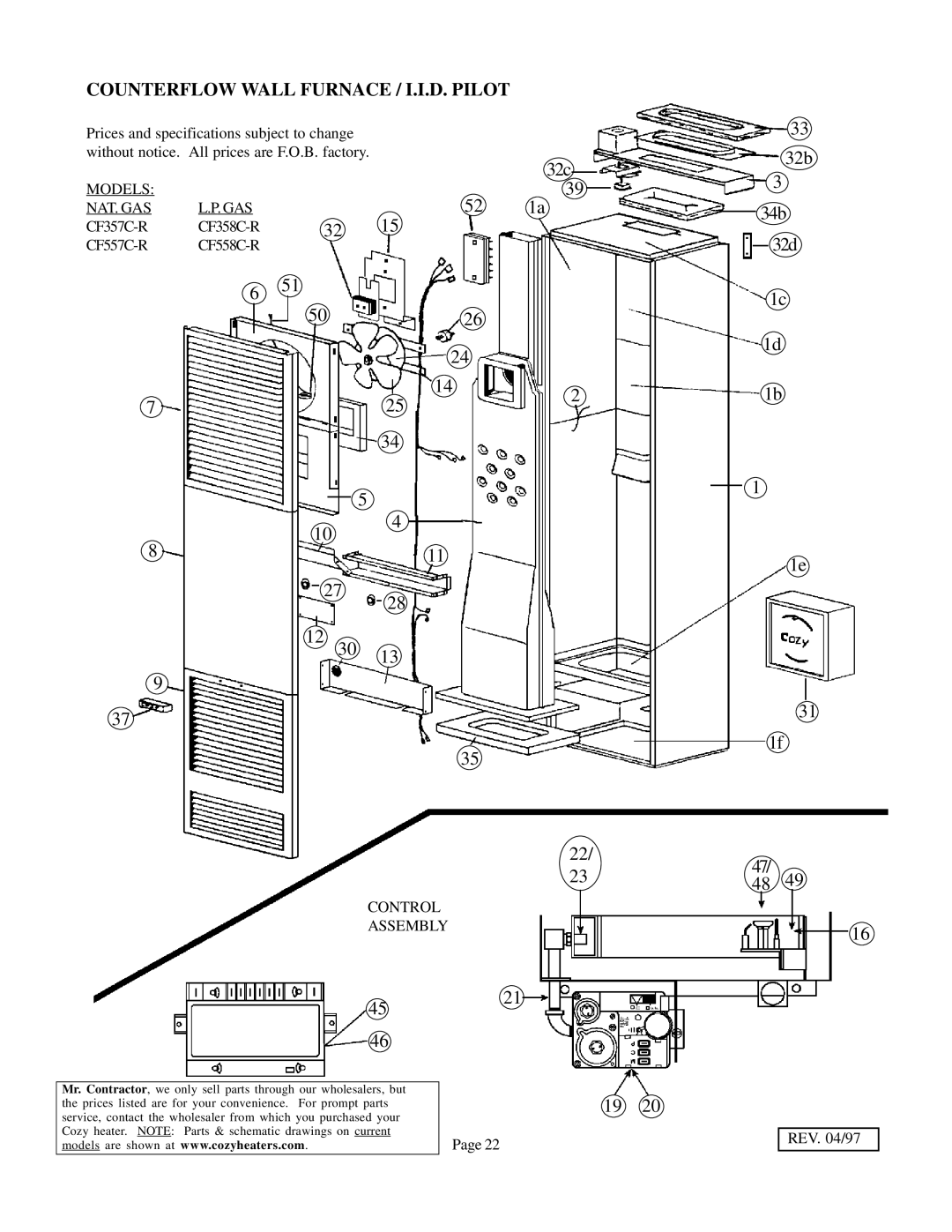 Louisville Tin and Stove CF504R, CF654C-R, CF354C-R Counterflow Wall Furnace / I.I.D. Pilot, Models NAT. GAS L.P. GAS 