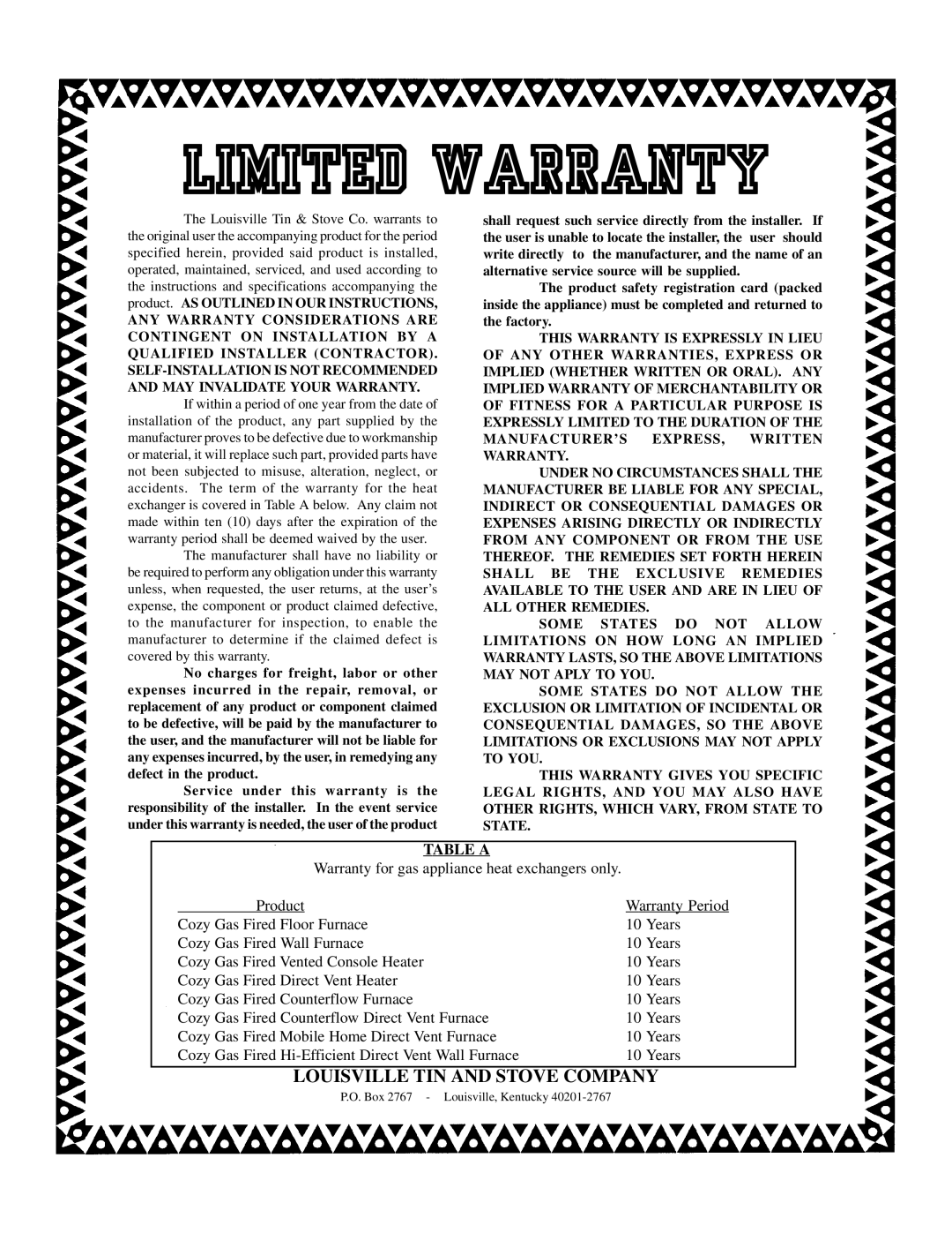 Louisville Tin and Stove CF654C-R, CF504R, CF354C-R operating instructions Louisville TIN and Stove Company, Table a 