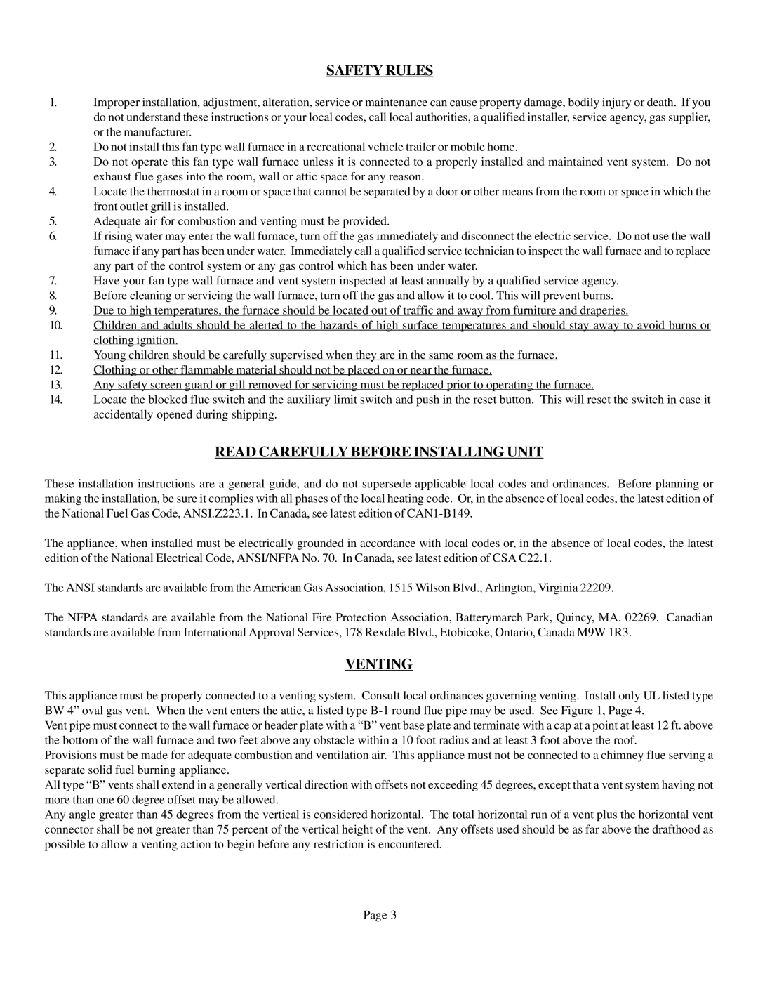 Louisville Tin and Stove CF654C-R, CF504R, CF354C-R Safety Rules, Read Carefully Before Installing Unit, Venting 