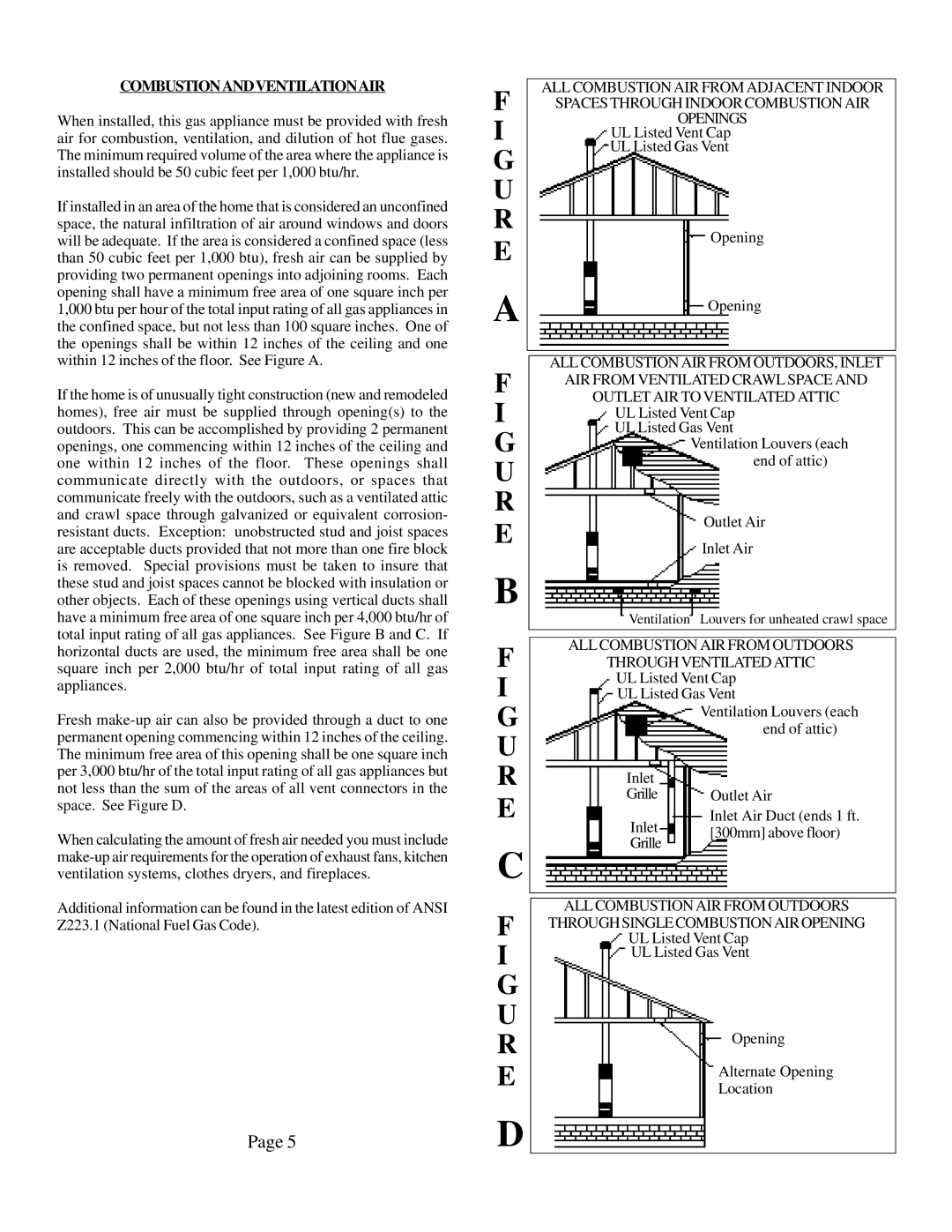 Louisville Tin and Stove CF354C-R Combustion and Ventilation AIR, ALL Combustion AIR from Adjacent Indoor, Openings 