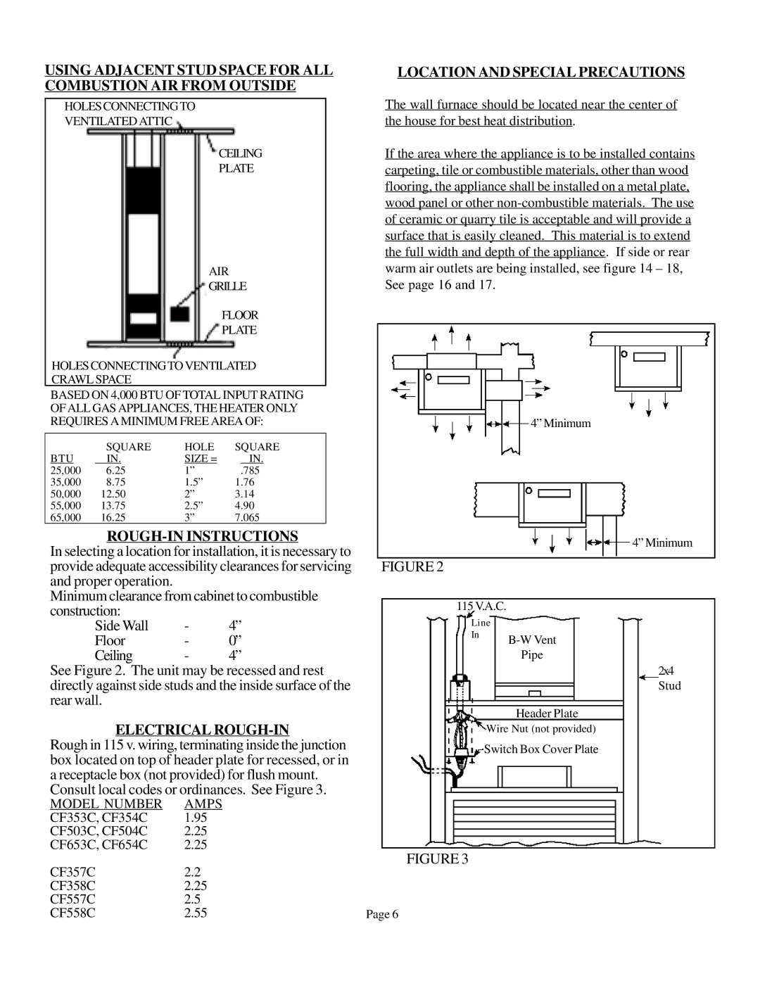 Louisville Tin and Stove CF654C-R, CF504R ROUGH-IN Instructions, Electrical ROUGH-IN, Location and Special Precautions 