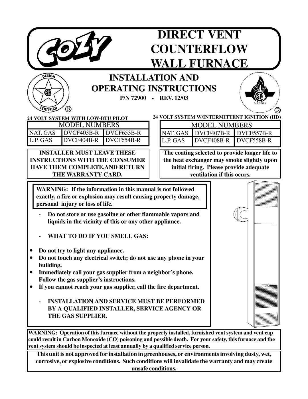 Louisville Tin and Stove warranty NAT. GAS DVCF403B-R DVCF653B-R DVCF404B-R DVCF654B-R, What to do if YOU Smell GAS 