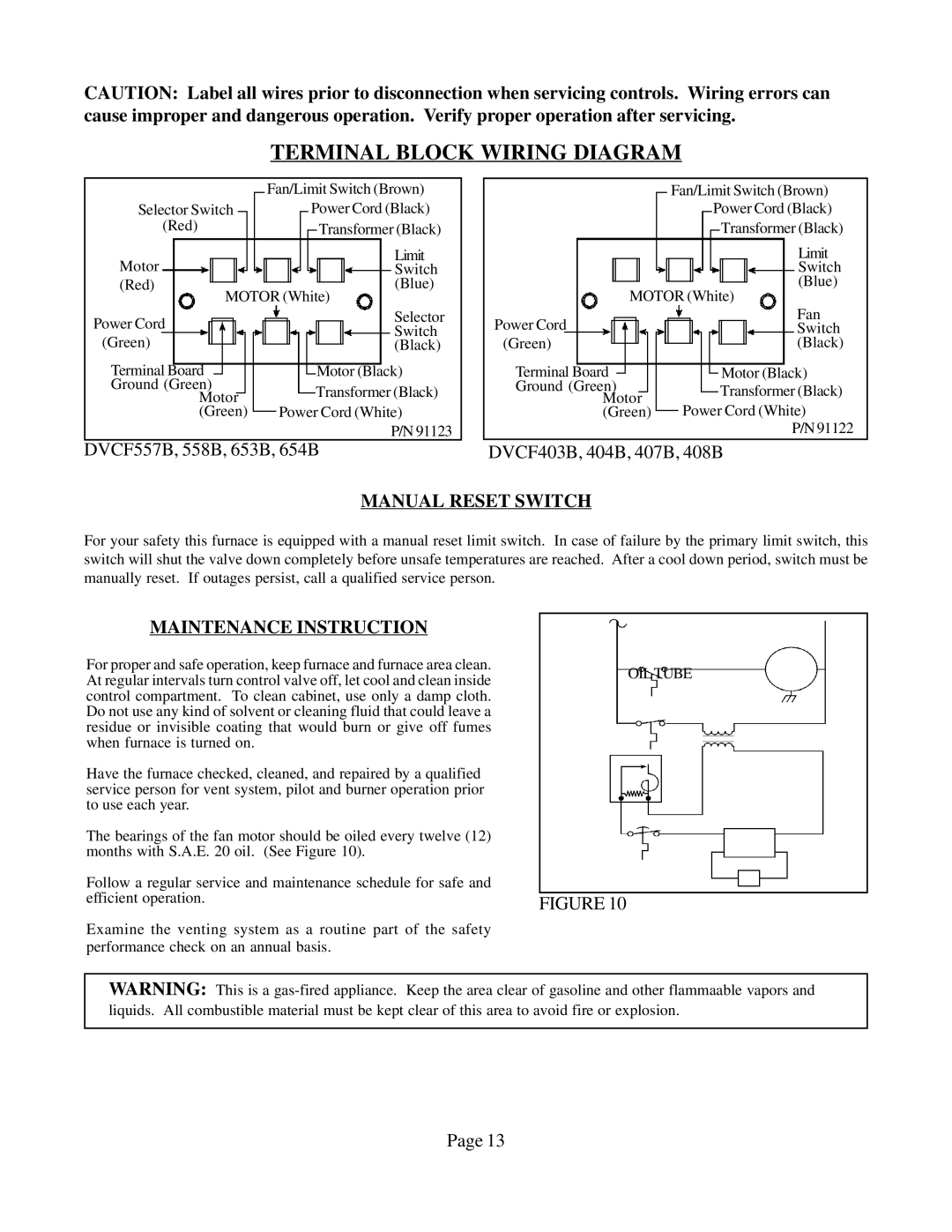 Louisville Tin and Stove DVCF403B-R warranty Terminal Block Wiring Diagram, Manual Reset Switch, Maintenance Instruction 