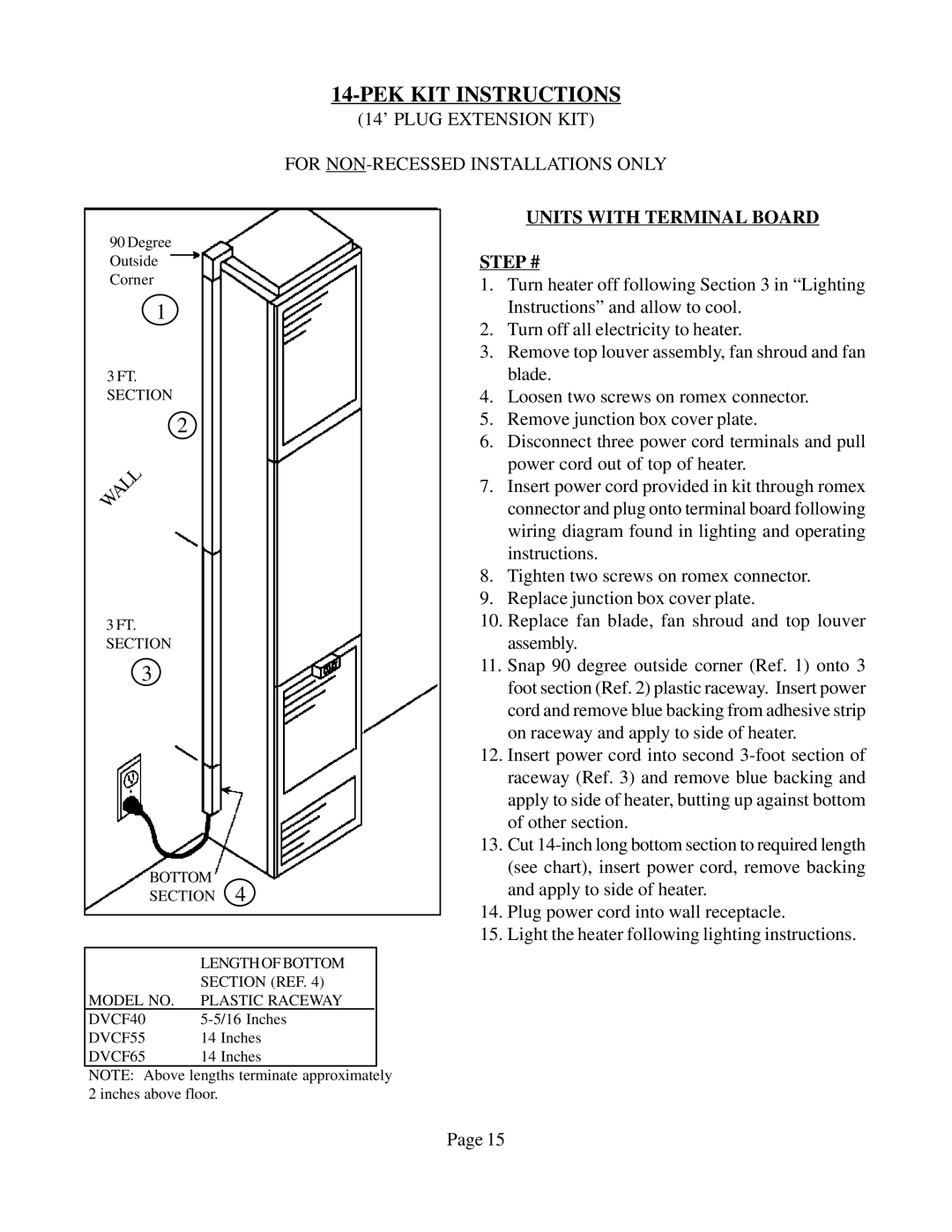 Louisville Tin and Stove DVCF407B-R PEK KIT Instructions, 14’ Plug Extension KIT For NON-RECESSED Installations only 