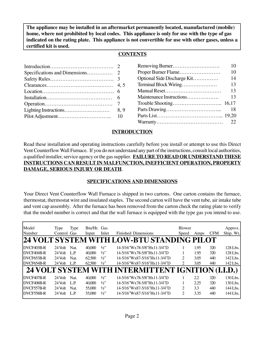 Louisville Tin and Stove DVCF653B-R, DVCF654B-R, DVCF404B-R, DVCF558B-R, DVCF557B-R, DVCF403B-R warranty Contents, Introduction 