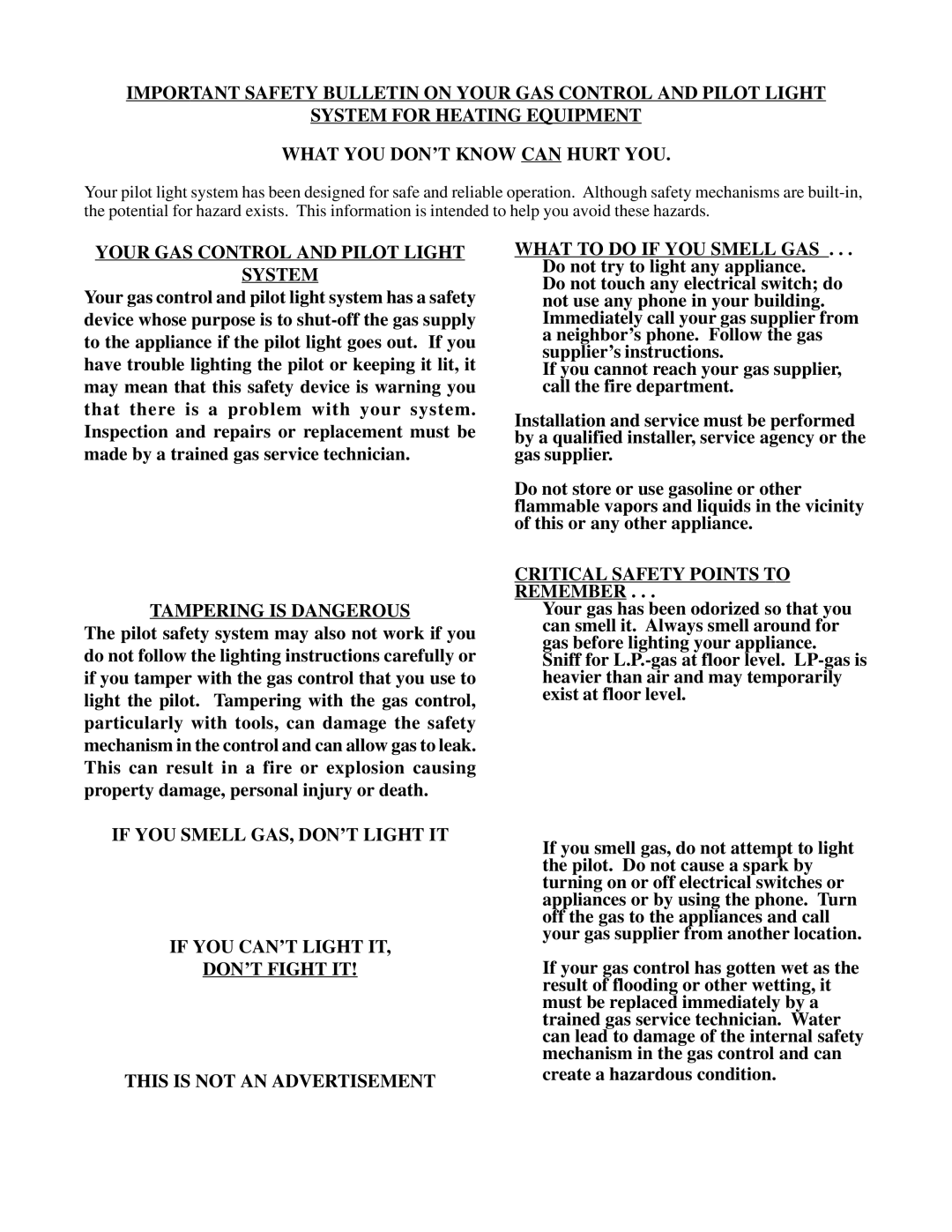 Louisville Tin and Stove DVCF403B-R, DVCF654B-R, DVCF404B-R Your GAS Control and Pilot Light System, Tampering is Dangerous 