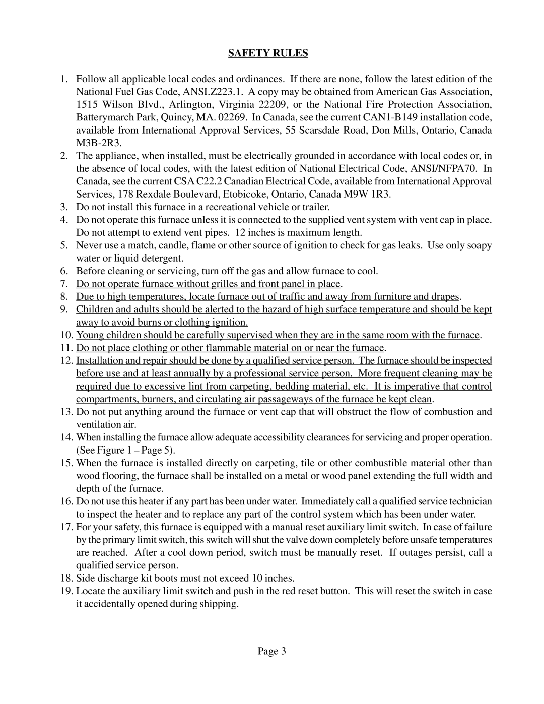 Louisville Tin and Stove DVCF558B-R, DVCF654B-R, DVCF404B-R, DVCF653B-R, DVCF557B-R, DVCF403B-R, DVCF408B-R warranty Safety Rules 