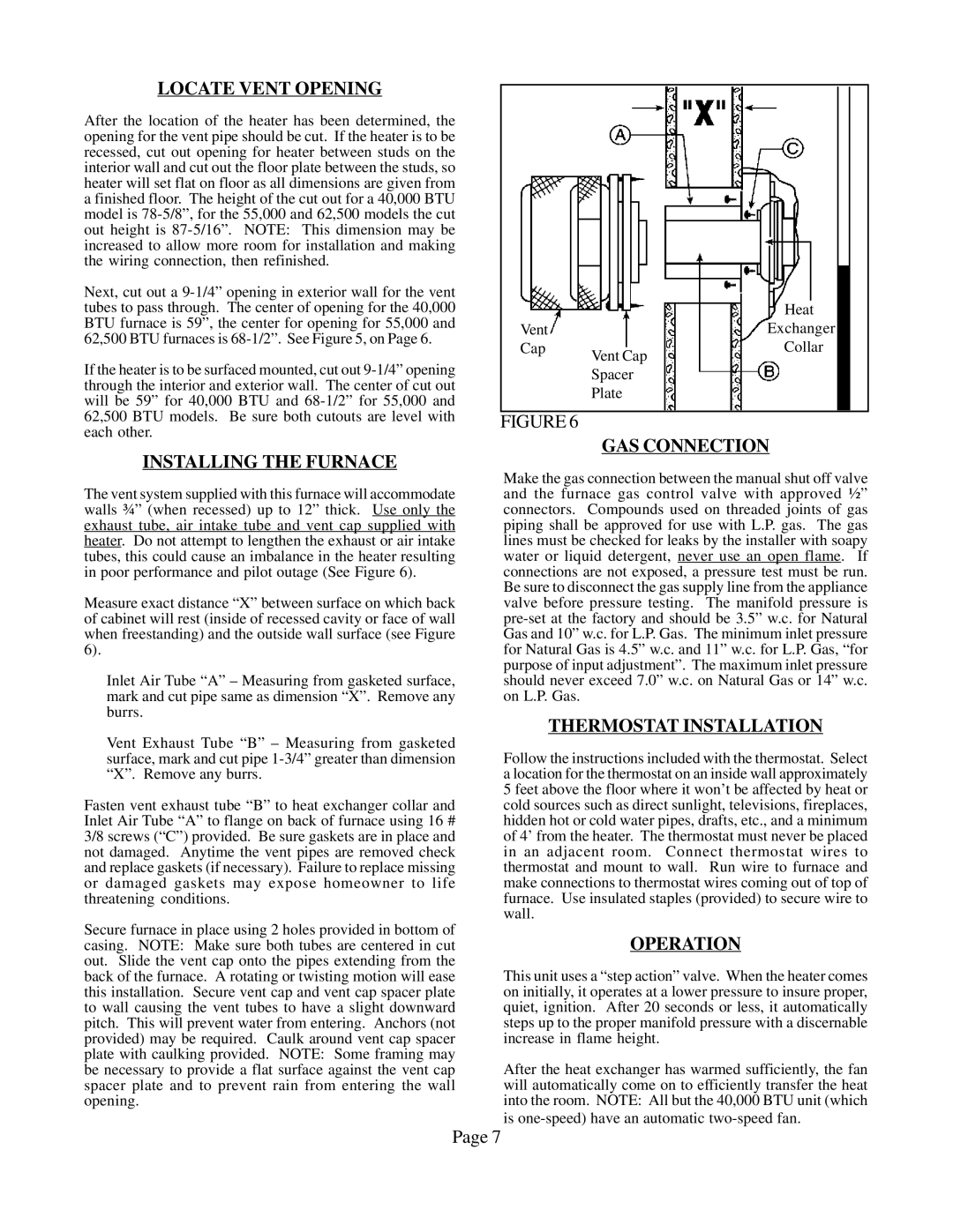 Louisville Tin and Stove DVCF407B-R Locate Vent Opening, Installing the Furnace, GAS Connection, Thermostat Installation 