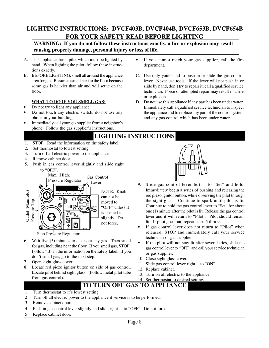 Louisville Tin and Stove DVCF654B-R, DVCF404B-R, DVCF653B-R, DVCF558B-R Lighting Instructions, To Turn OFF GAS to Appliance 