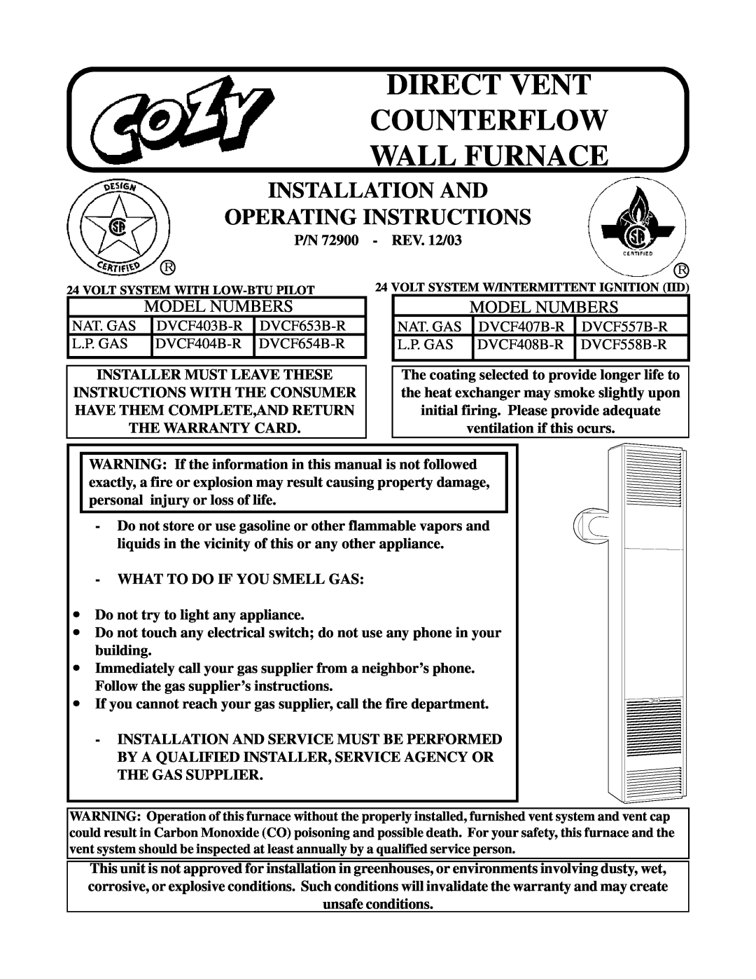 Louisville Tin and Stove DVCF404B-R warranty Direct Vent Counterflow Wall Furnace, Installation And Operating Instructions 