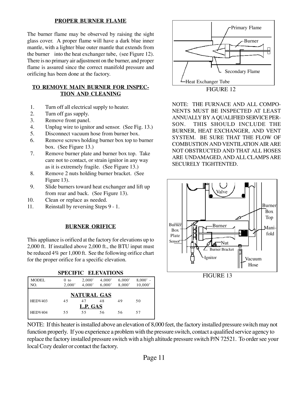 Louisville Tin and Stove HEDV404 Proper Burner Flame, To Remove Main Burner for Inspec Tion and Cleaning, Burner Orifice 