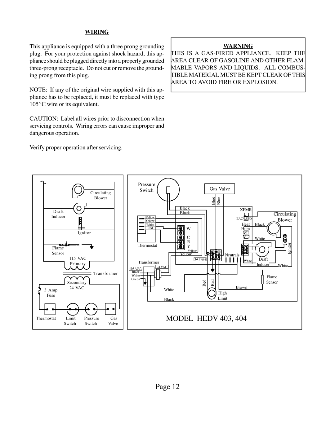 Louisville Tin and Stove HEDV403, HEDV404 warranty Wiring, Blower 