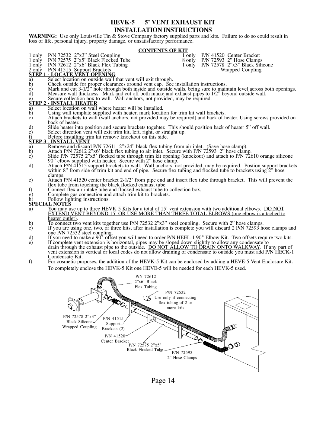 Louisville Tin and Stove HEDV403, HEDV404 warranty HEVK-5 5’ Vent Exhaust KIT Installation Instructions, Contents of KIT 