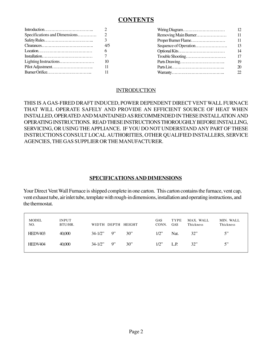 Louisville Tin and Stove HEDV403, HEDV404 warranty Contents 