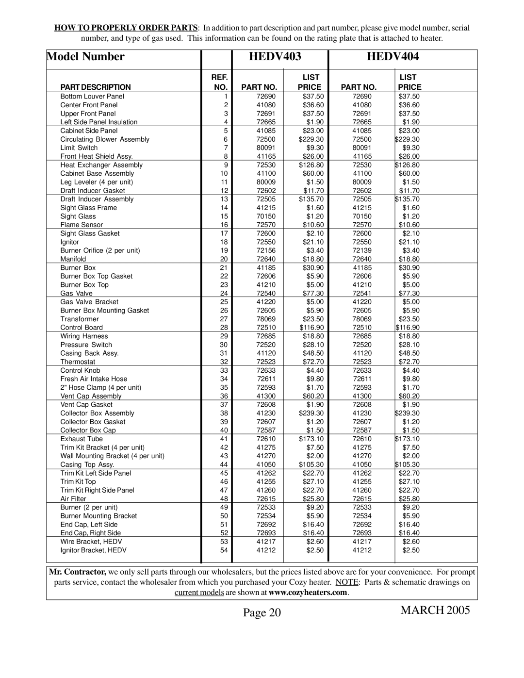 Louisville Tin and Stove warranty HEDV403 HEDV404, List Part Description Price 