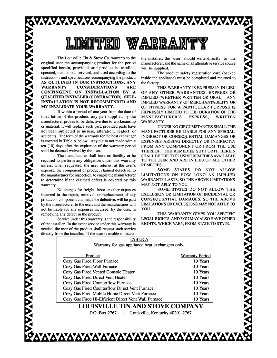Louisville Tin and Stove HEDV403, HEDV404 warranty Louisville Tin And Stove Company, Limited Warranty 