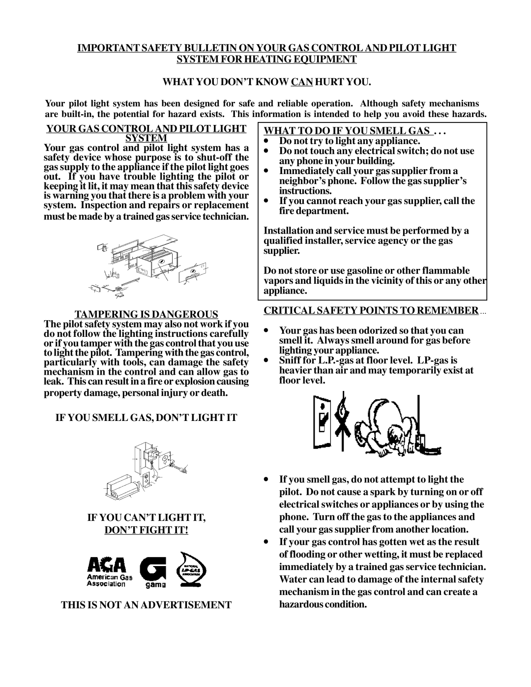 Louisville Tin and Stove VC351A, VCR502A Your GAS Control and Pilot Light System, Tampering is Dangerous, DON’T Fight IT 