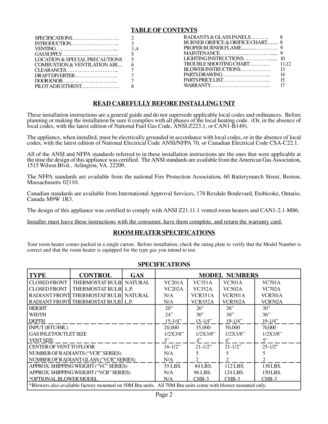 Louisville Tin and Stove VC351A Table of Contents, Read Carefully Before Installing Unit, Room Heater Specifications 